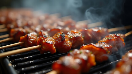 A close-up view of skewers grilling with visible smoke and sprinkled spices, showcasing the mouth-watering essence of street food with sizzling meat and smoky flavors.