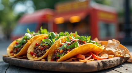 Taco with colorful fillings like lettuce, tomatoes, and cheese, showcasing the vibrant and lively concept of street food.