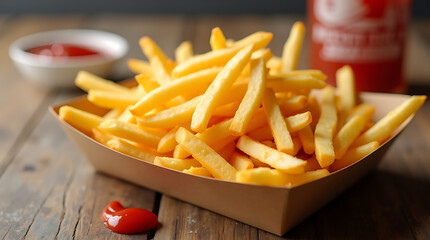 Paper tray with crispy French fries and ketchup, showcasing the delicious and casual theme of street food.