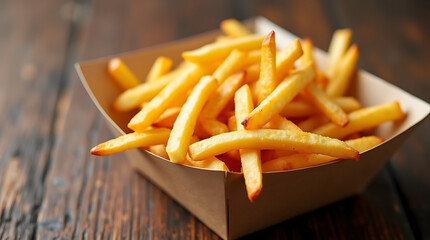 Paper tray with crispy French fries and ketchup, showcasing the delicious and casual theme of street food.