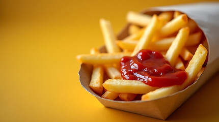 Paper tray with crispy French fries and ketchup, showcasing the delicious and casual theme of street food.