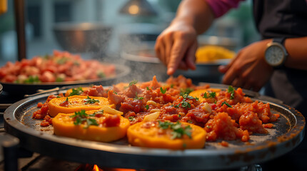 Close-up of the street food vendor's hands preparing delicious snacks, capturing an exciting moment of cooking outdoors.