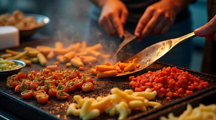 Close-up of the street food vendor's hands preparing delicious snacks, capturing an exciting moment of cooking outdoors.