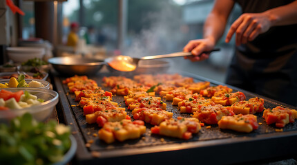 Close-up of the street food vendor's hands preparing delicious snacks, capturing an exciting moment of cooking outdoors.