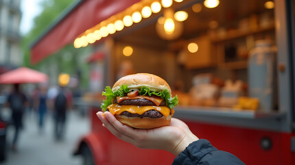 A close-up of a delicious burger with melted cheese and fresh vegetables, showcasing the vibrant theme of street food.