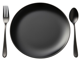 PNG Empty black plate spoon fork knife.