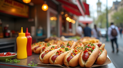 A sizzling hot dog topped with mustard and grilled onions from a street vendor, captured in a dynamic angle, emphasizing the smoky flavors and vibrant street food scene.