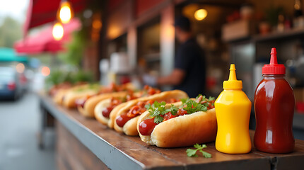 A sizzling hot dog topped with mustard and grilled onions from a street vendor, captured in a dynamic angle, emphasizing the smoky flavors and vibrant street food scene.