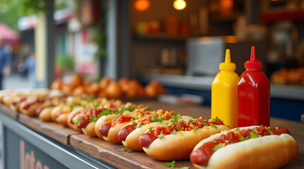 A sizzling hot dog topped with mustard and grilled onions from a street vendor, captured in a dynamic angle, emphasizing the smoky flavors and vibrant street food scene.