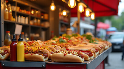 A sizzling hot dog topped with mustard and grilled onions from a street vendor, captured in a dynamic angle, emphasizing the smoky flavors and vibrant street food scene.