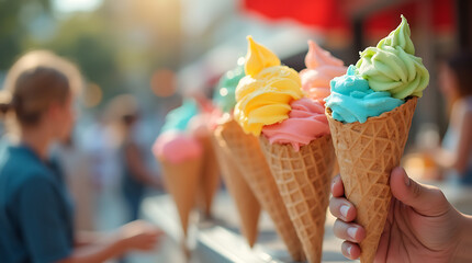 Close-up of a waffle cone filled with colorful gelato scoops, highlighting the vibrant and creamy textures, representing a classic Italian street food treat on a sunny day.