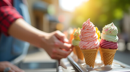 Close-up of a waffle cone filled with colorful gelato scoops, highlighting the vibrant and creamy textures, representing a classic Italian street food treat on a sunny day.