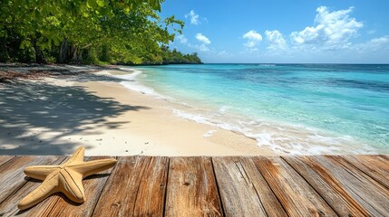 Fototapeta premium Rustic wooden planks provide a natural frame for a tranquil beach scene where turquoise waves meet a sandy shore under a bright sky