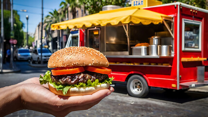 A close-up of a delicious burger with melted cheese and fresh vegetables, showcasing the vibrant theme of street food.