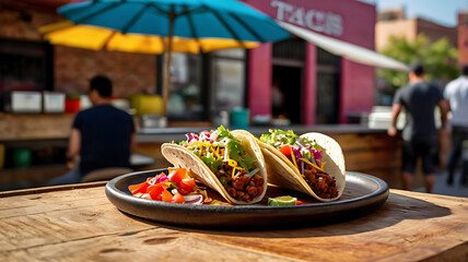 Taco with colorful fillings like lettuce, tomatoes, and cheese, showcasing the vibrant and lively concept of street food.