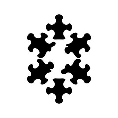 Black Puzzle Assemblage on White Background: Abstract illustration of six puzzle pieces forming a star-shaped arrangement.
