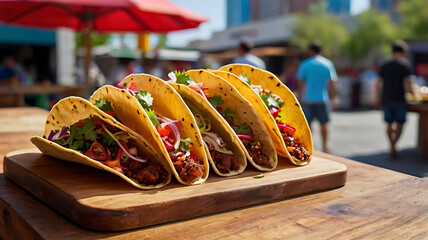 Taco with colorful fillings like lettuce, tomatoes, and cheese, showcasing the vibrant and lively concept of street food.