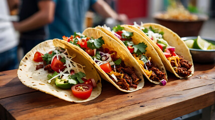 Taco with colorful fillings like lettuce, tomatoes, and cheese, showcasing the vibrant and lively concept of street food.