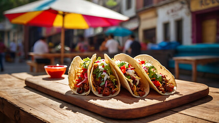Taco with colorful fillings like lettuce, tomatoes, and cheese, showcasing the vibrant and lively concept of street food.