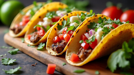 Taco with colorful fillings like lettuce, tomatoes, and cheese, showcasing the vibrant and lively concept of street food.