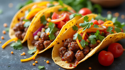 Taco with colorful fillings like lettuce, tomatoes, and cheese, showcasing the vibrant and lively concept of street food.