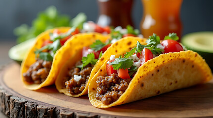 Taco with colorful fillings like lettuce, tomatoes, and cheese, showcasing the vibrant and lively concept of street food.
