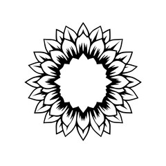 Black and white symmetrical sunflower in clean minimal design, artistic style.