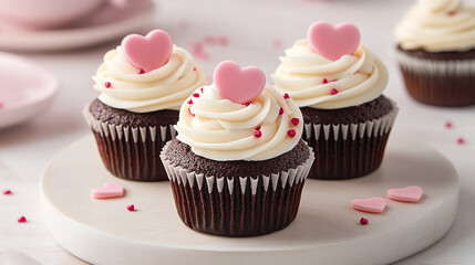 Valentines day cartoon cupcakes with pastel heart toppers on pale cream background.