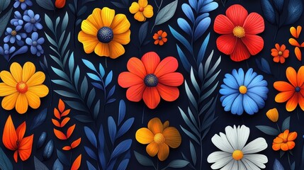 A vibrant floral pattern featuring multicolored flowers against a dark background, showcasing a mix of shapes and structures for a stunning visual effect.