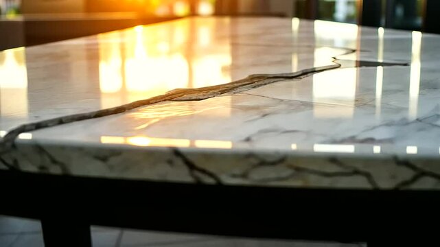 Close-up of quartz countertop slabs with polished surfaces, capturing the interplay of light reflections on their smooth, glossy finish in a modern studio setup.