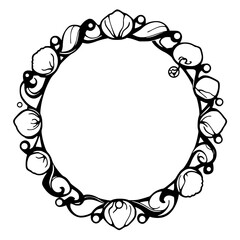 Decorative Floral Wreath: A Black and White, Art Nouveau-style Circular Frame.