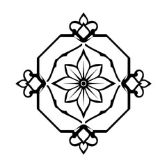 Geometric black and white floral design featuring an octagon shape and a central stylized flower.