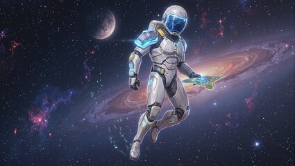 Fototapeta premium Futuristic astronaut in white armor with glowing blue visors holding a crystalline map of the stars surrounded by vibrant nebulas in space