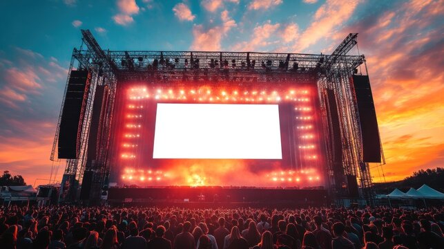 An open-air festival stage stands ready for a concert, illuminated by bright lights against a stunning sunset, attracting a large crowd