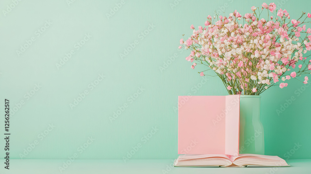 Aufkleber Soft pink flowers in a vase beside an open book on a light teal surface create a serene setting perfect for relaxation