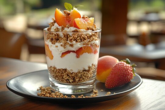 Yogurt parfait with layers of granola and fresh peaches served in a glass, perfect for breakfast in a relaxed cafe environment