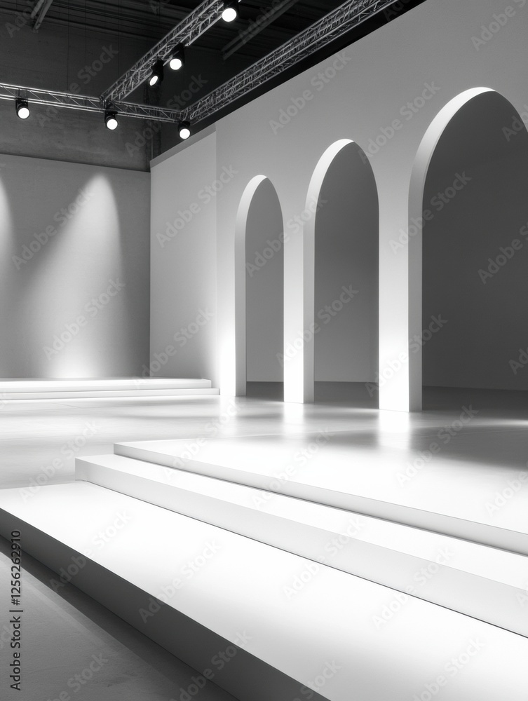 Poster Minimalist monochromatic runway with clean lines and soft lighting in an elegant design space. Generative AI
