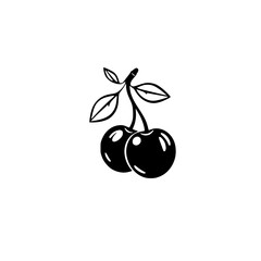 Black and white minimalist illustration of two cherries, with a stem and leaves, on a white background.