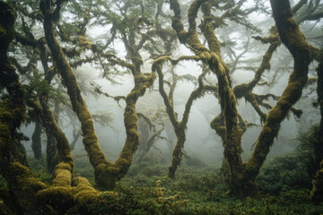 Fototapeta premium Dense fog rolling through a mystical forest, soft light filtering through the trees Generative AI 