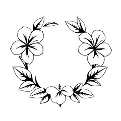 Black and white floral illustration depicting a flower wreath with hibiscus at each corner. © MatandSterre