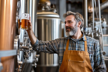 Skilled brewer evaluates fermentation process while holding a glass of beer in a contemporary brewery setting during daytime