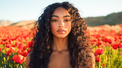 Naklejka premium A woman with long dark curly hair stands in a stunning poppy field, bathed in warm golden light, exuding poise and beauty amidst nature's brilliance