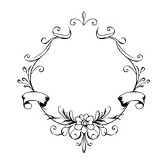 Simple elegant illustrated floral illustration of an ornamental frame with stylized flower and ribbons.