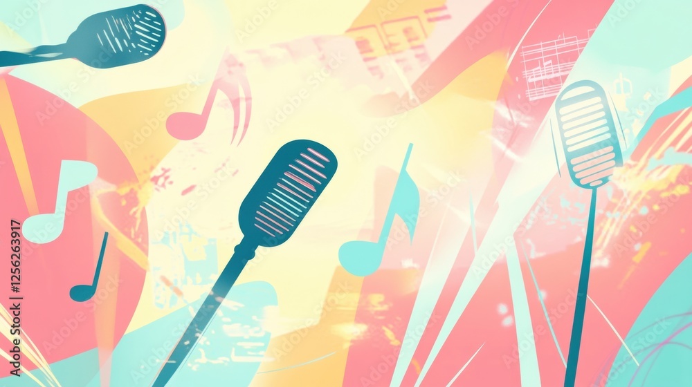 Aufkleber bright minimalist k pop inspired background featuring lively music notes and stylish microphones in 
