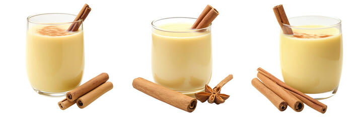 Set of A tall, transparent glass filled with fresh milk, garnished with a cinnamon stick resting on the rim on transparent png background