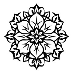 A symmetrical black and white mandala illustration, featuring a stylized flower with a central flower and various petal-like shapes.