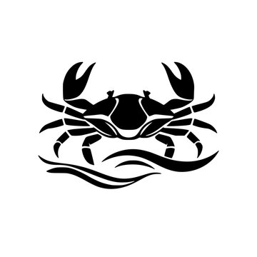 Silhouette of a crab standing on waves against a white backdrop.