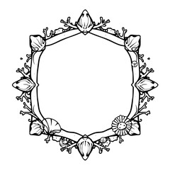 Decorative Hexagonal Frame Featuring Shells, Coral, and Botanical Elements, Illustrated in Black and White.