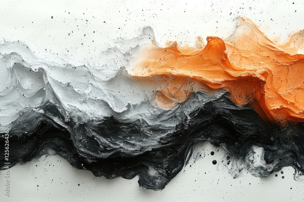 Aufkleber an abstract art piece showcasing dynamic swirls of black, white, and orange textures, creating a vis