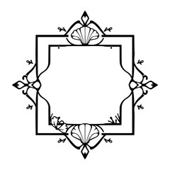 Elegant, black line art frame design with seashell illustration elements. This illustration is a perfect fit for invitations, logos, and decorative projects.